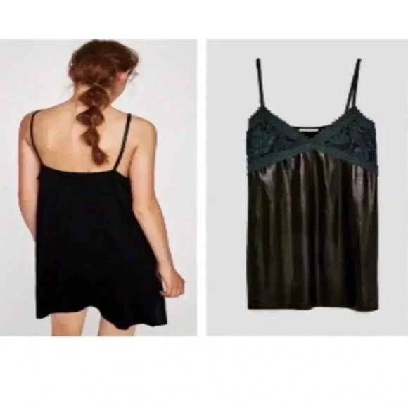 Zara Black Green Faux Leather Crochet  Slip Mini Dress medium 8843/722 - Picture 3 of 5